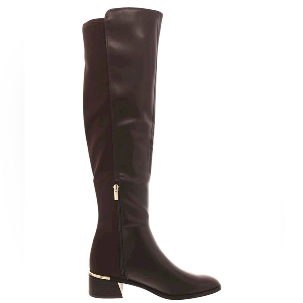 NWOB Calvin Klein Jotty Over The Knee Dress Boots Round Toe Brown Faux Leather 7